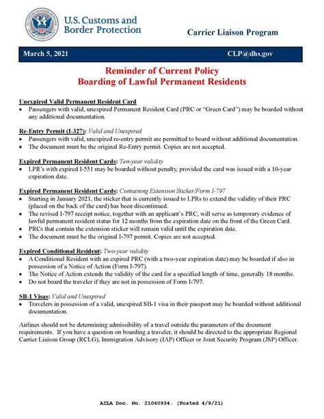 Reminder of Current Policy Boarding of Lawful Permanent .